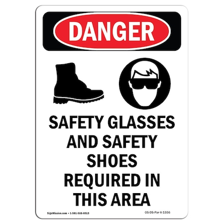 OSHA Danger Sign, Safety Glasses And, 7in X 5in Decal
